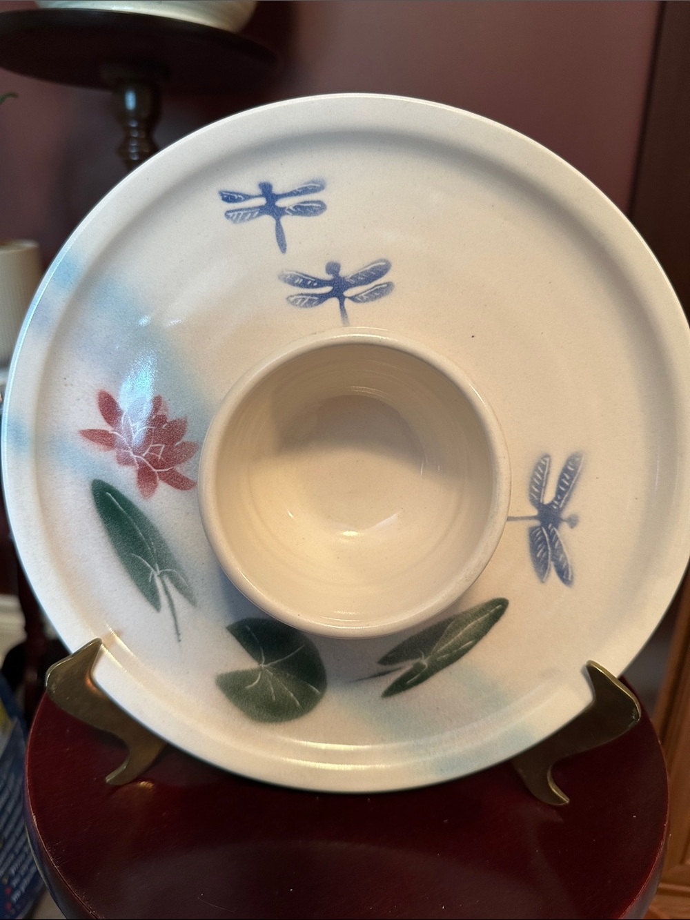 Studio Pottery Lotus & Dragonfly Chip and Dip Serving Bowl - White